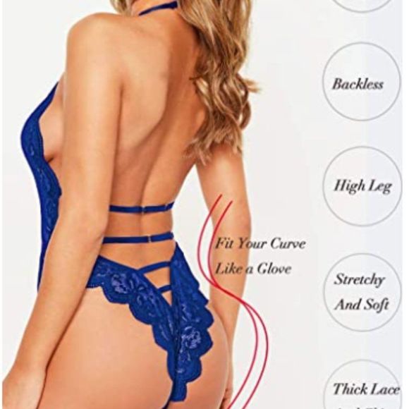 High Cut Halter Deep V Neck Lingerie Floral Lace Bodysuit - Picture 4 of 5